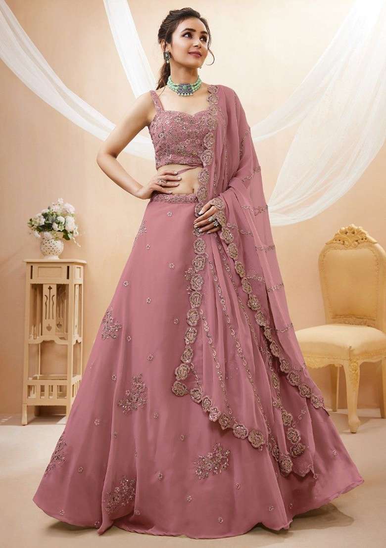 Dusty Pink Sequin Embroidered Georgette Lehenga Set - Indya