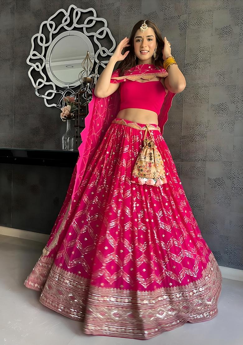 Magenta Sequin Zari Embroidered Banglori Silk Lehenga Set