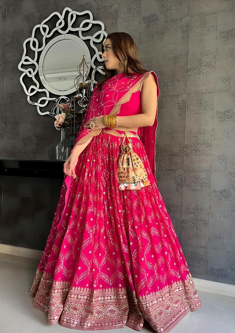 Magenta Sequin Zari Embroidered Banglori Silk Lehenga Set