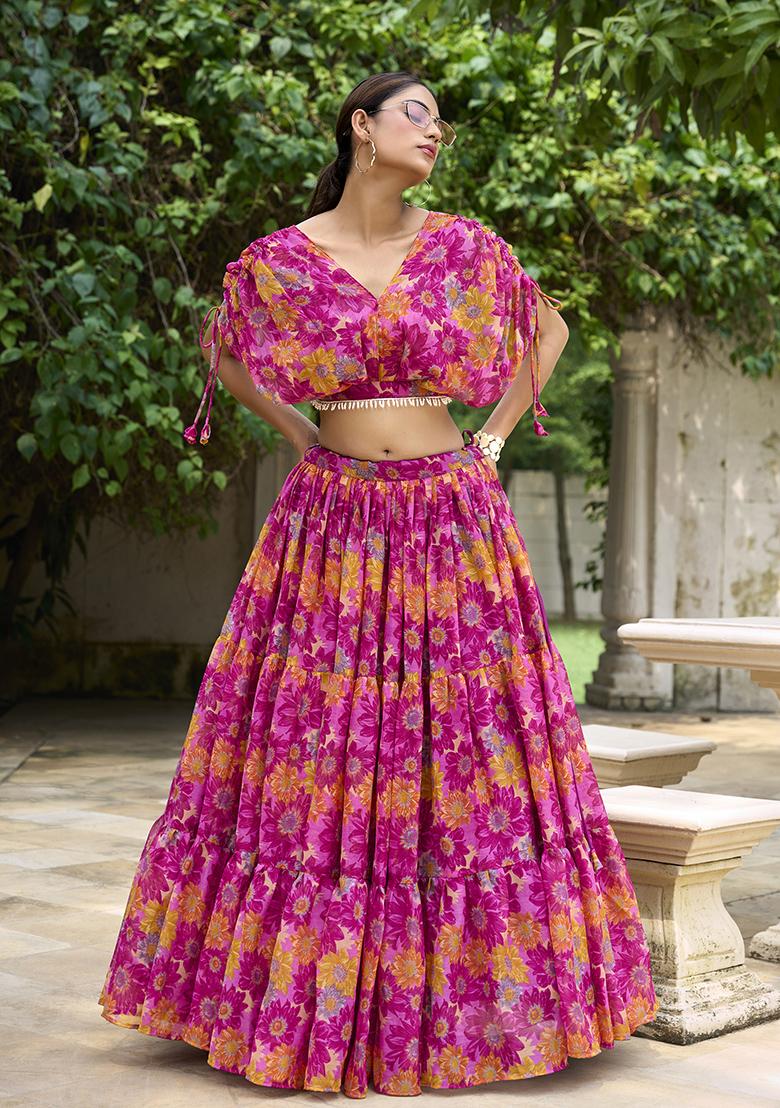 Pink Floral Print Tussar Silk Lehenga Set