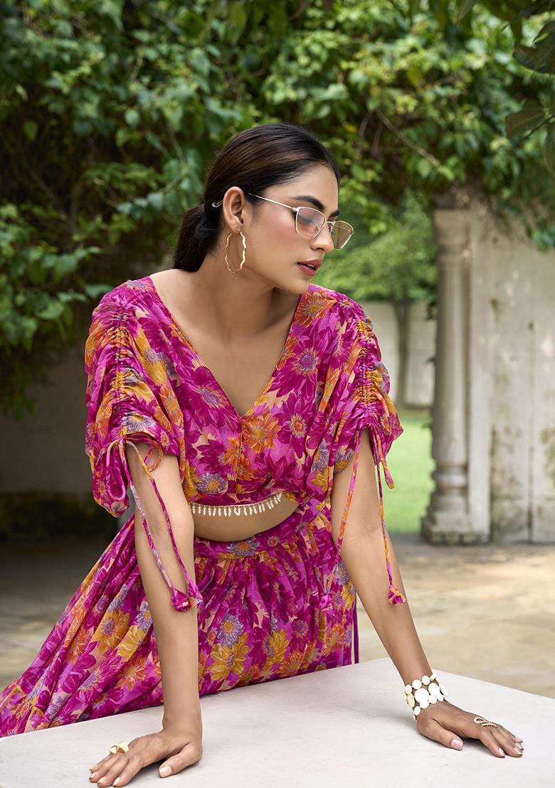 Pink Floral Print Tussar Silk Lehenga Set