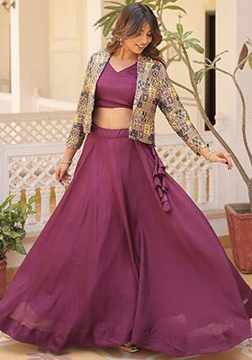 Wine Printed Vichitra Silk Lehenga Set With Jacket