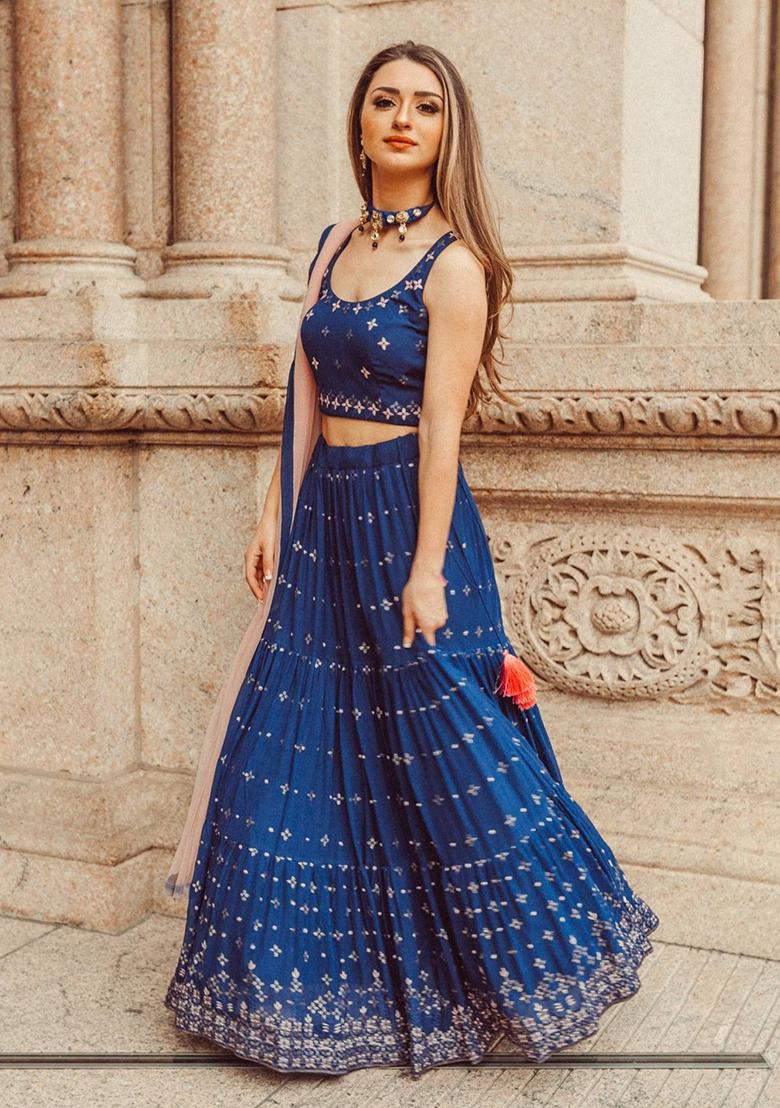 Blue Sequin Embroidered Georgette Lehenga Set