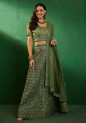 Green Sequin Embroidered Net Lehenga Set