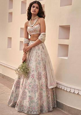 Cream Thread Embroidered Georgette Lehenga Set