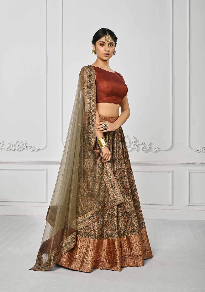 Olive Green Digital Print Silk Blend Lehenga Set