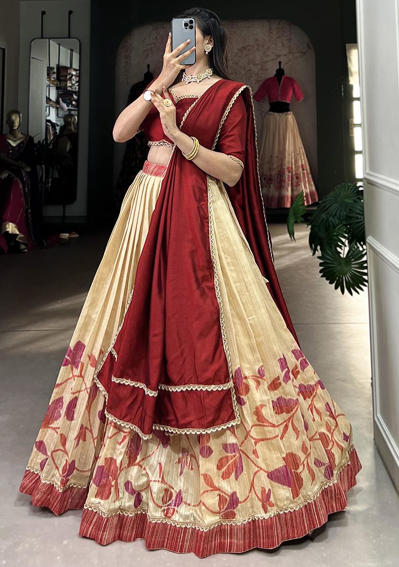 Maroon Printed Vichitra Silk Lehenga Set