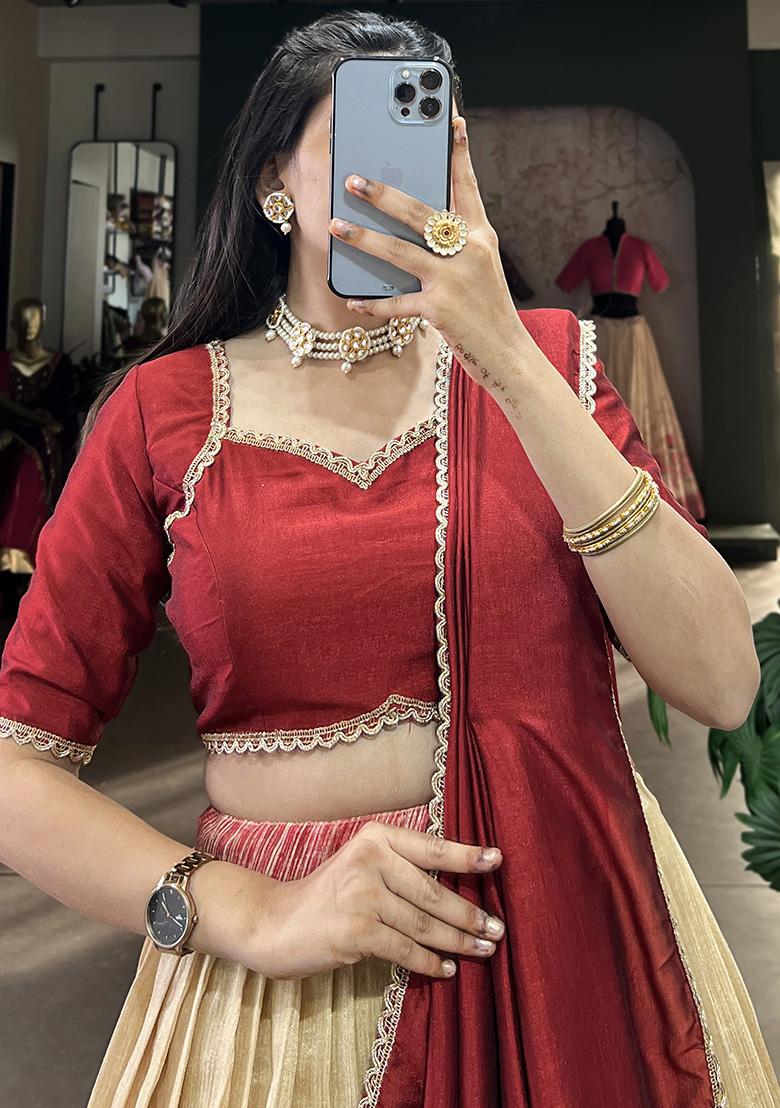 Maroon Printed Vichitra Silk Lehenga Set
