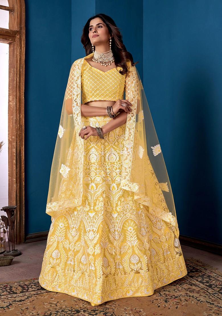 Yellow Embroidered Net Lehenga Set
