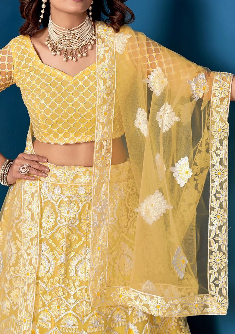 Yellow Embroidered Net Lehenga Set