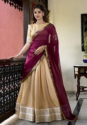 Cream Zari Woven Georgette Lehenga Set