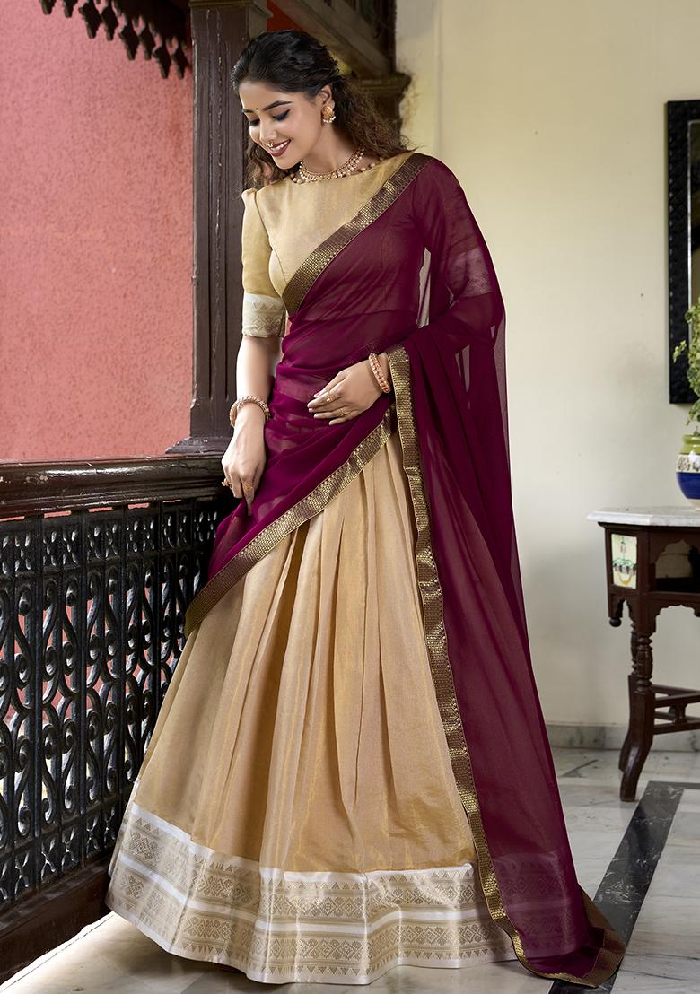 Cream Zari Woven Georgette Lehenga Set