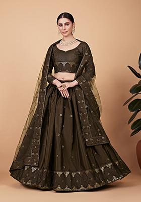 Mehndi Thread Sequin Embroidered Heavy Tebi Silk Lehenga Set