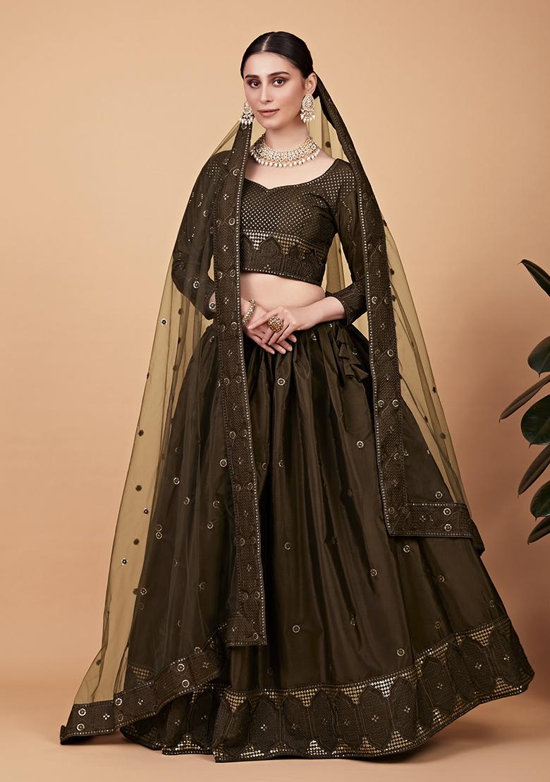 Mehndi Thread Sequin Embroidered Heavy Tebi Silk Lehenga Set
