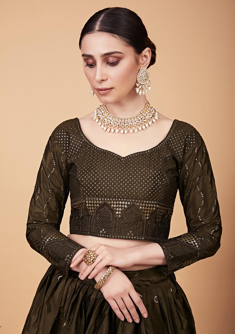 Mehndi Thread Sequin Embroidered Heavy Tebi Silk Lehenga Set