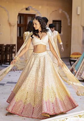 Cream Embroidered Georgette Lehenga Set