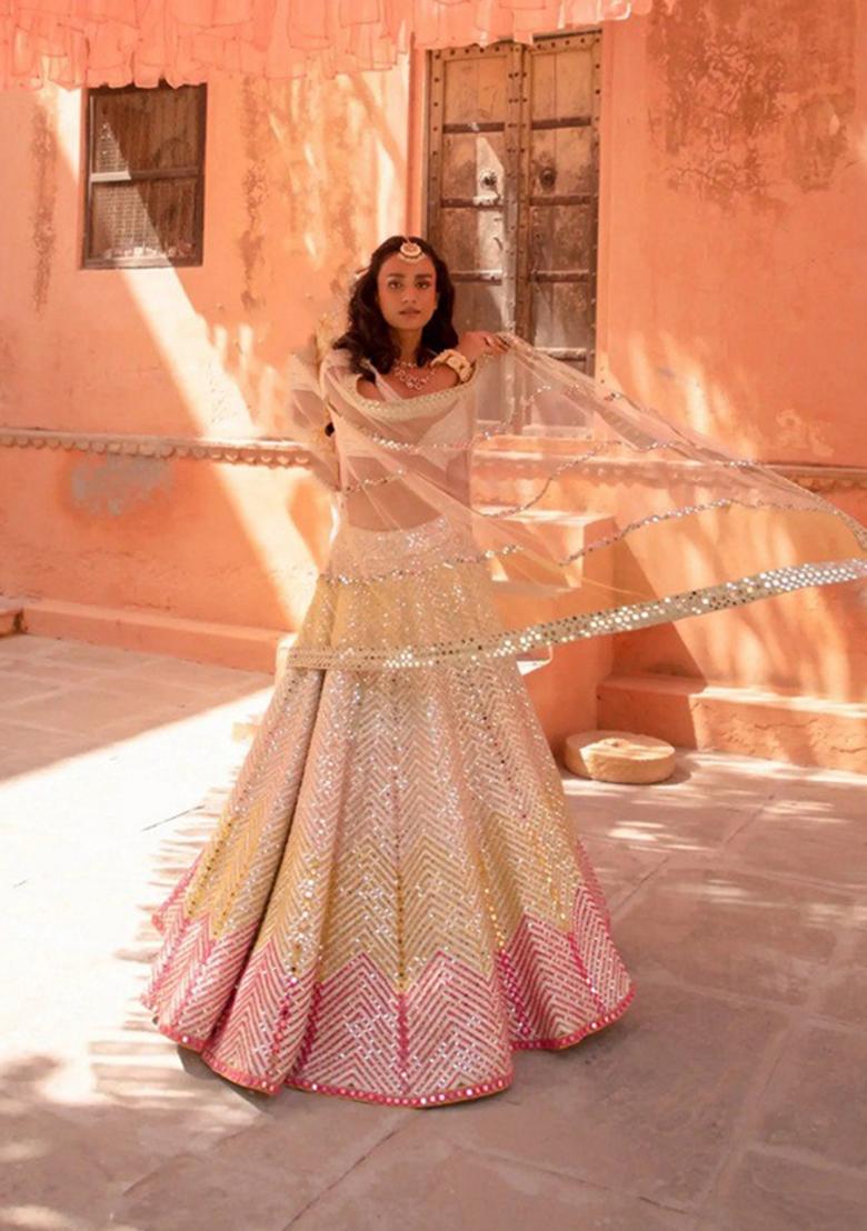 Cream Embroidered Georgette Lehenga Set