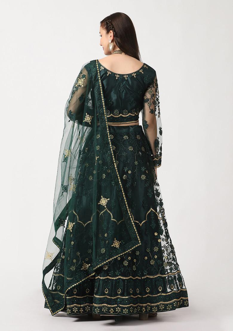 Green Hand Embroidered Net Lehenga Set
