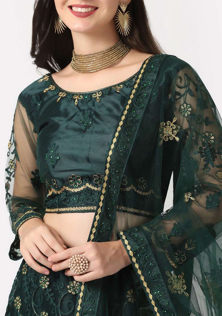 Green Hand Embroidered Net Lehenga Set - Indya
