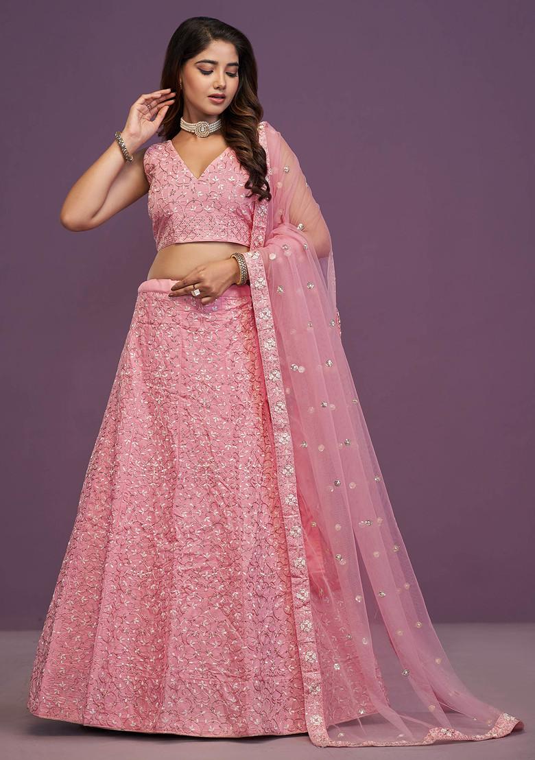 Pink Zari Sequin Embroidered Silk Lehenga Set