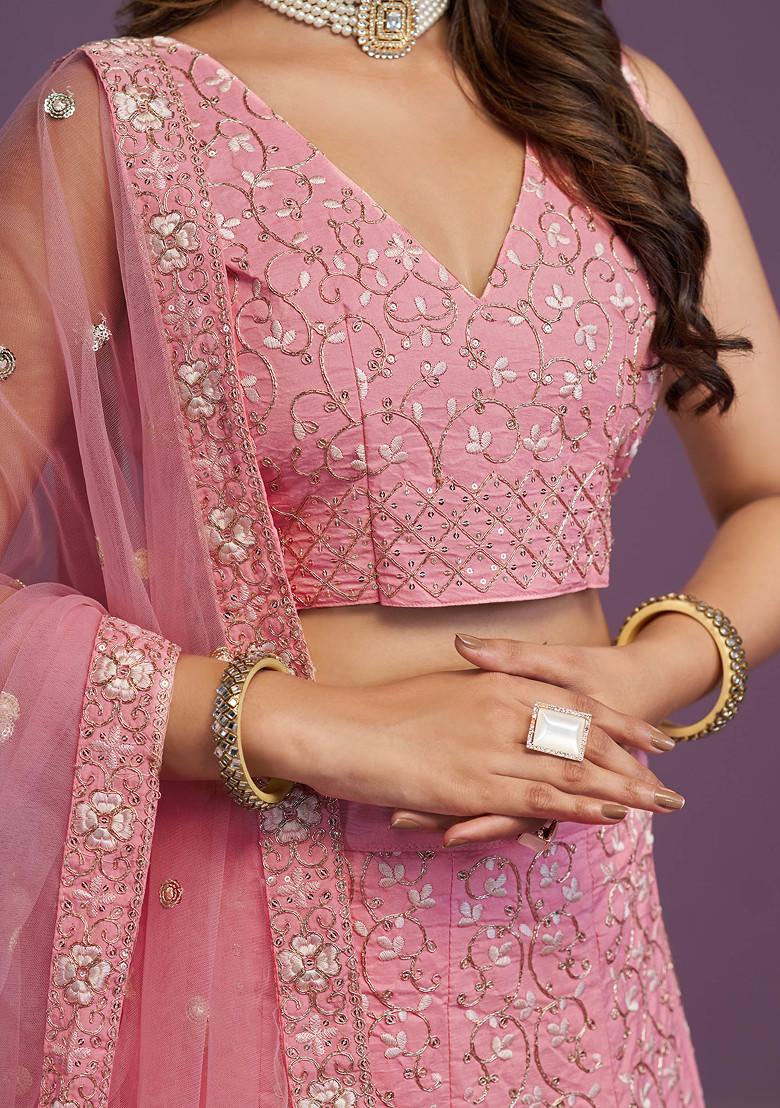 Pink Zari Sequin Embroidered Silk Lehenga Set