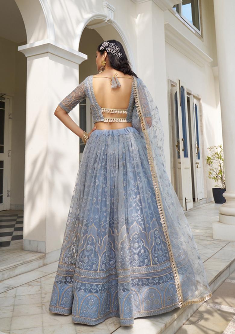 Light Blue Embroidered Net Lehenga Set