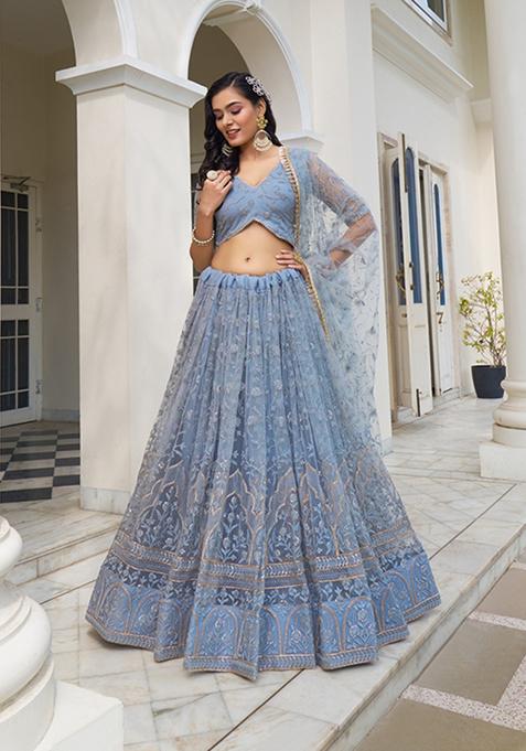 Light Blue Embroidered Net Lehenga Set — view on Indya