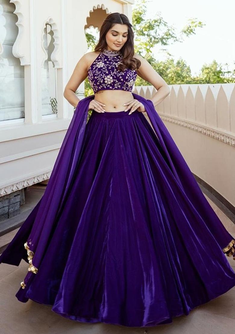 Purple Thread Embroidered Velvet Lehenga Set
