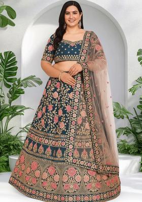 Dove Blue Floral Print Zari Sequin Embroidered Organza Lehenga Set