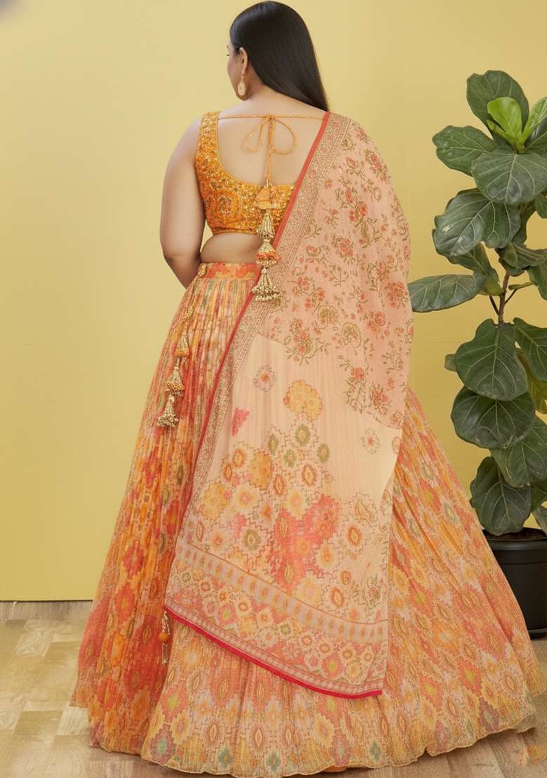 Green Digital Print Silk Satin Lehenga Set - Indya
