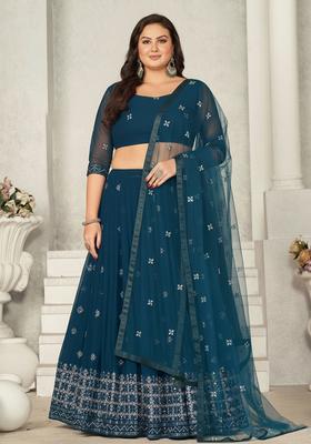 Green Floral Print Sequin Embroidered Lehenga Set