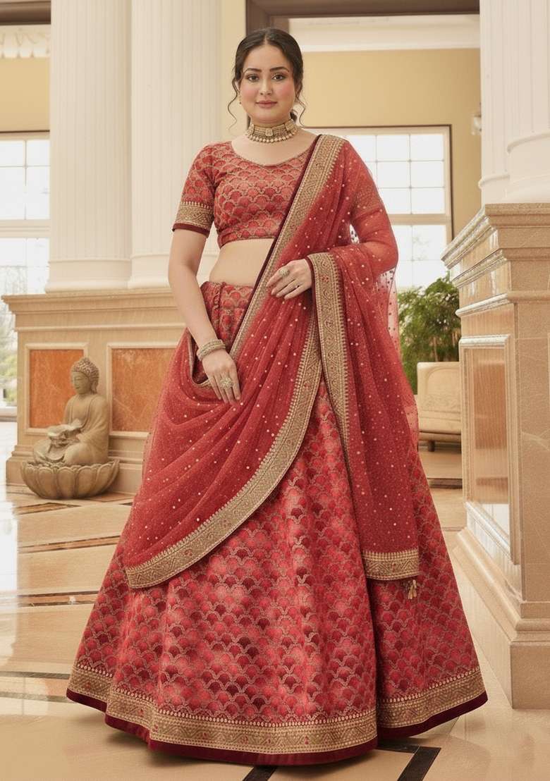 Dark Green Woven Design Embroidered Silk Lehenga Set - Indya