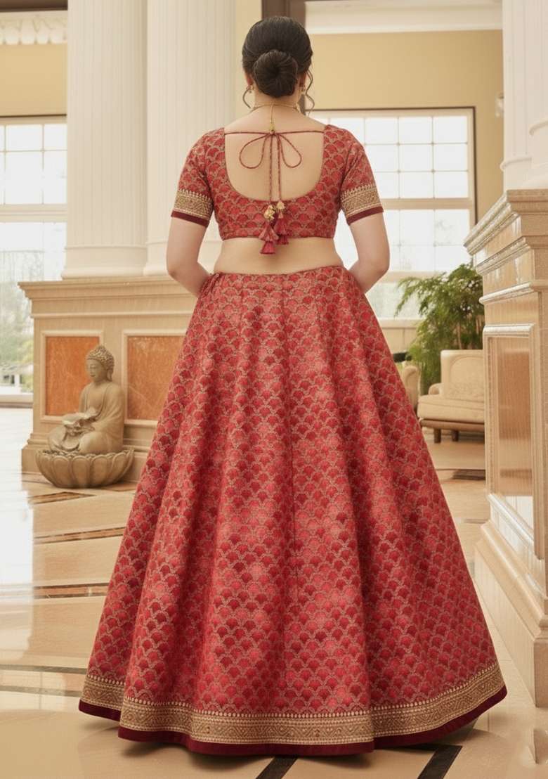 Dark Green Woven Design Embroidered Silk Lehenga Set - Indya