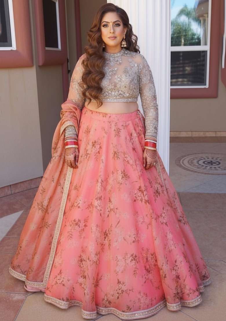 Yellow And White Embroidered Georgette Lehenga Set - Indya