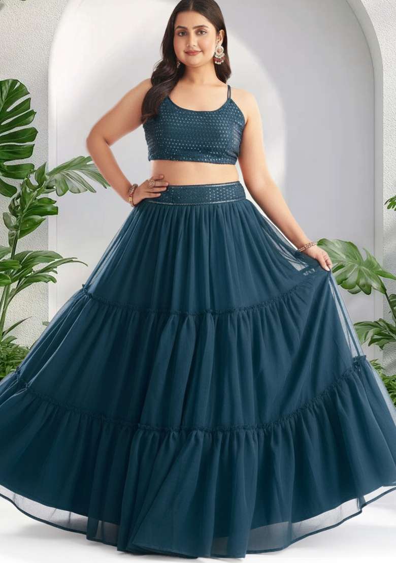 Blue Embroidery Georgette Lehenga Set - Indya