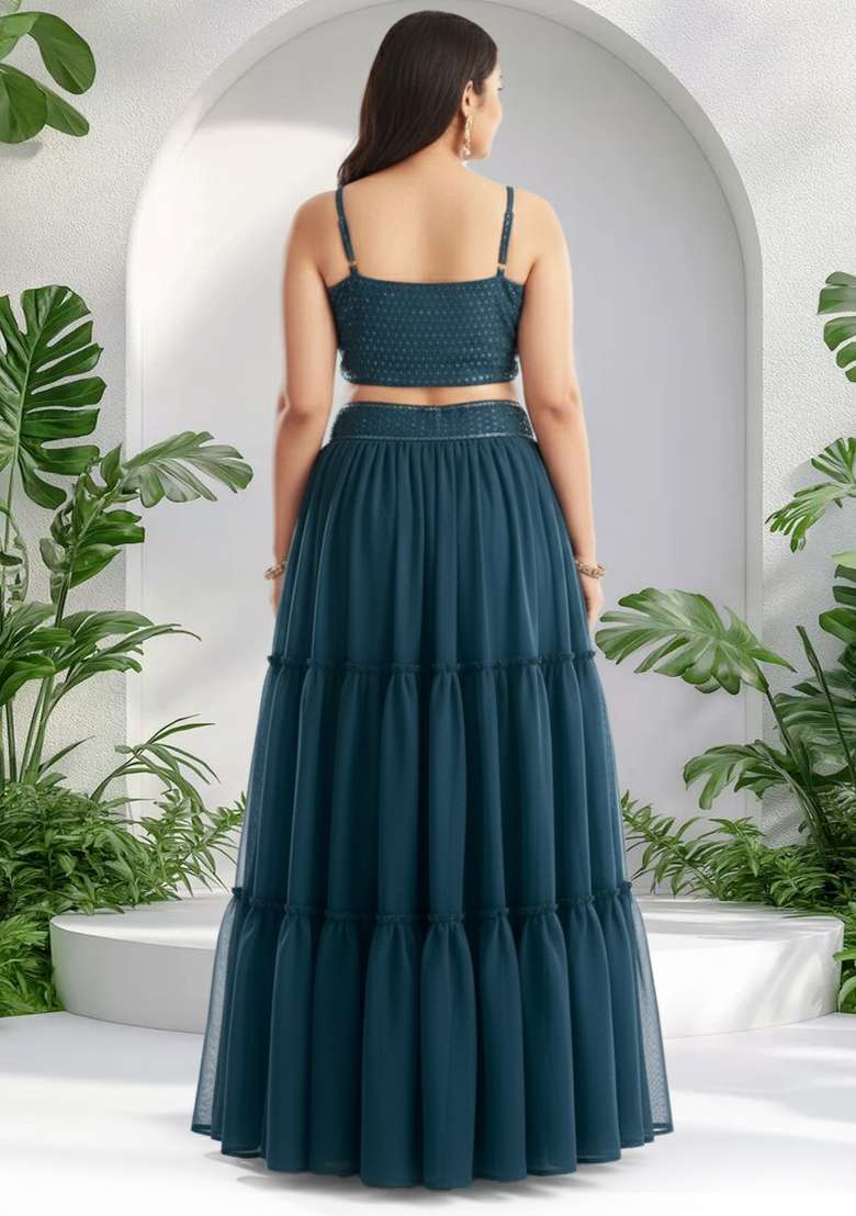 Blue Embroidery Georgette Lehenga Set - Indya