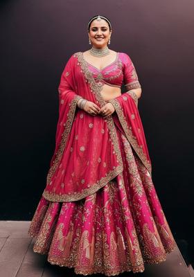 Pink And Yellow Embroidered Art Silk Lehenga Set