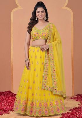 Yellow Embroidery Faux Georgette Lehenga Set