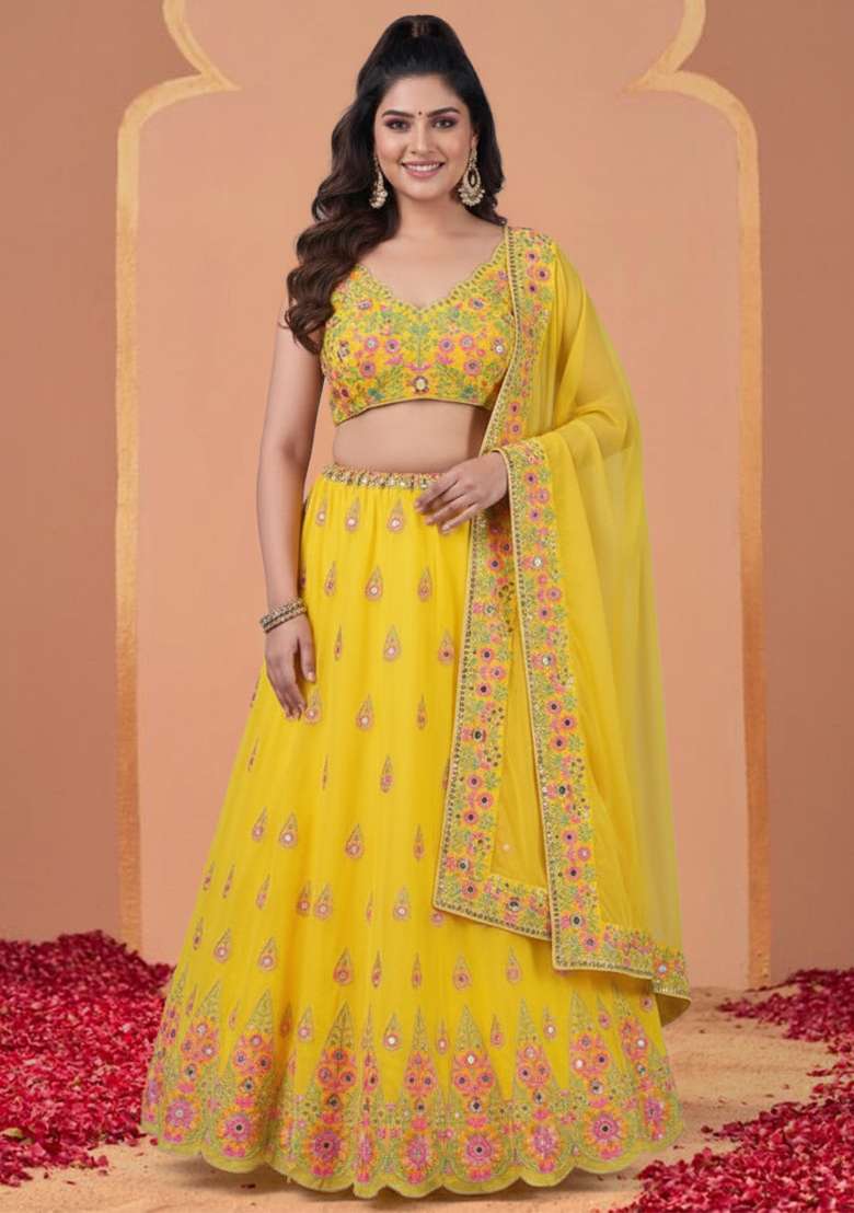 Yellow Embroidery Faux Georgette Lehenga Set - Indya