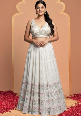Dark Blue Embroidered Taffeta Satin Silk Lehenga Set