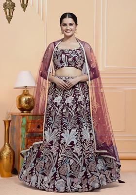 Wine Embroidery Net Lehenga Set