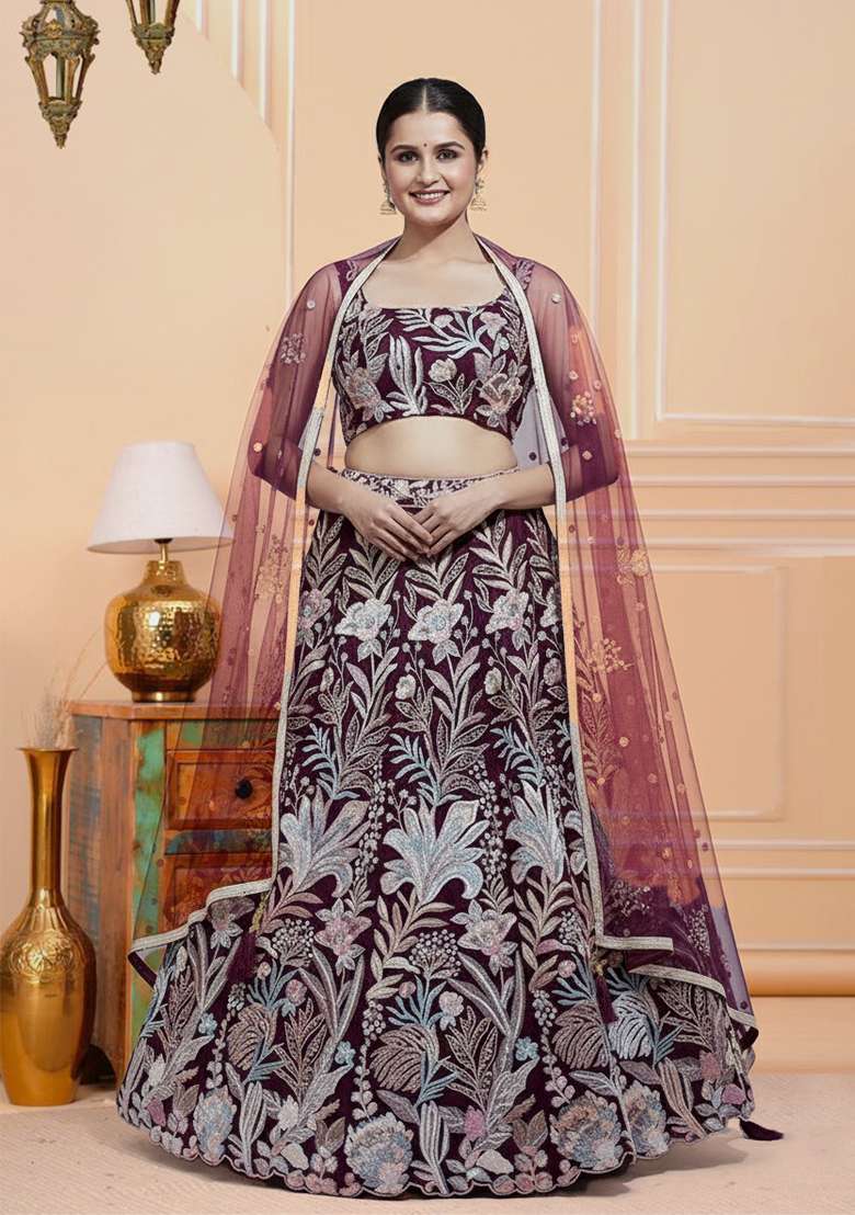 Wine Embroidery Net Lehenga Set - Indya