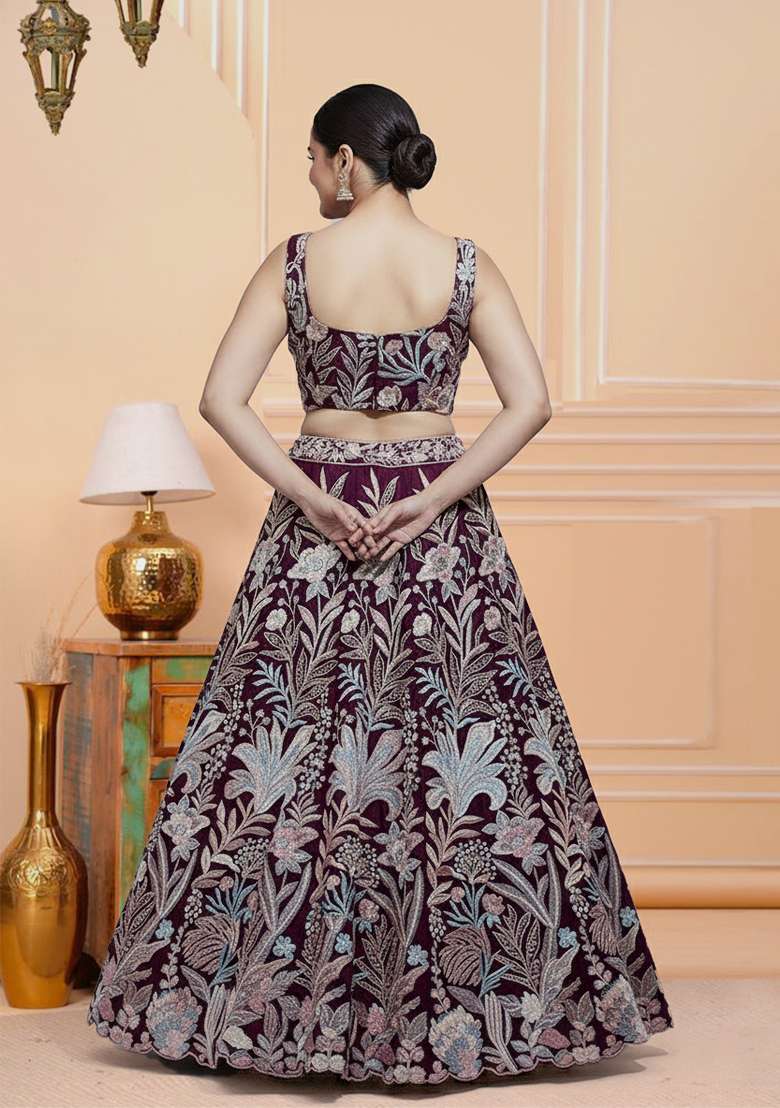 Wine Embroidery Net Lehenga Set - Indya