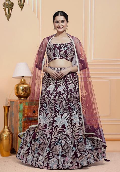 Wine Embroidery Net Lehenga Set