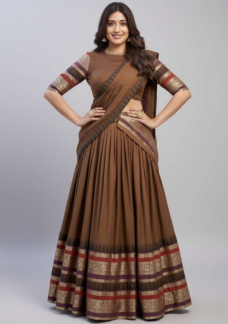 Brown Zari Work Chanderi Lehenga Set - Indya