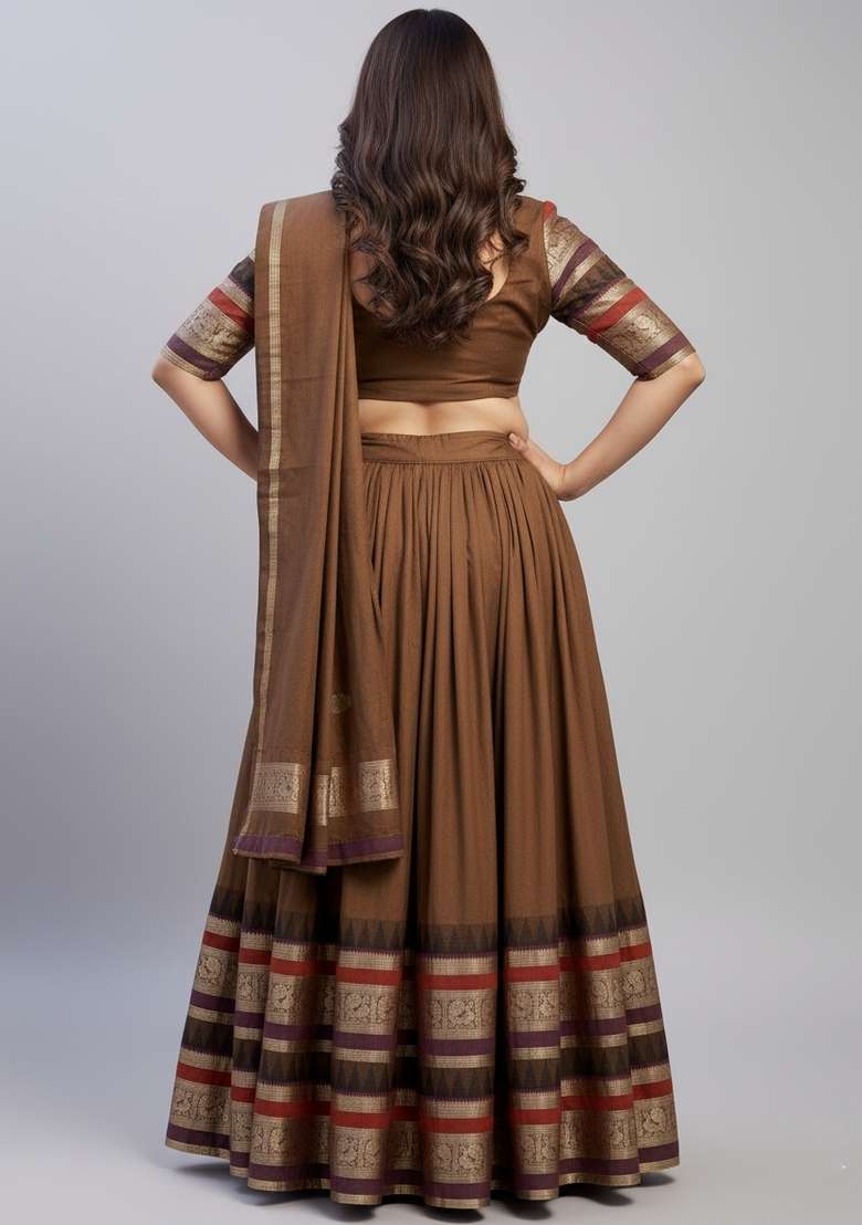 Brown Zari Work Chanderi Lehenga Set - Indya