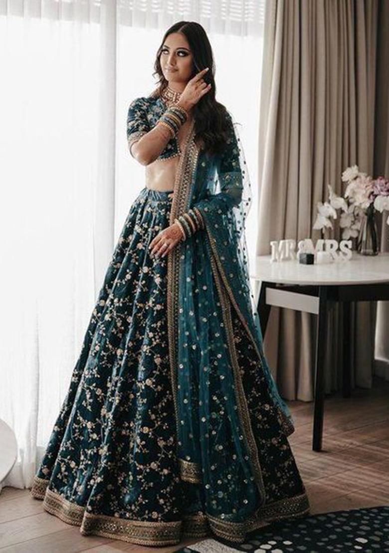 Teal Green Sequin Embroidered Velvet Lehenga Set