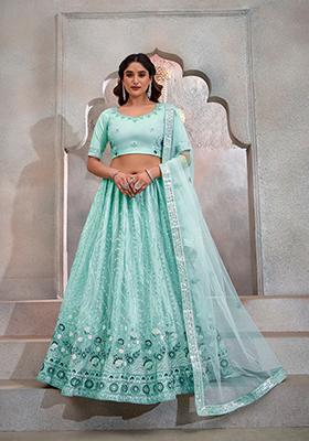 Sky Blue Sequin Thread Embroidered Butterfly Net Lehenga Set