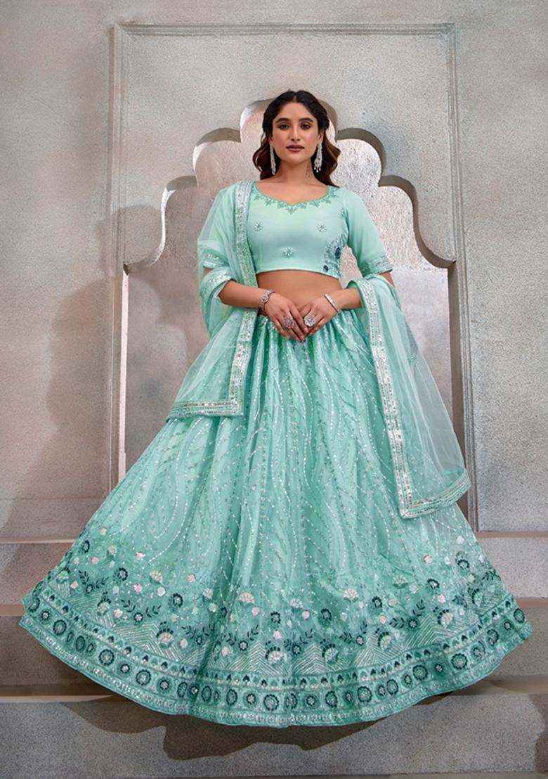 Sky Blue Sequin Thread Embroidered Butterfly Net Lehenga Set