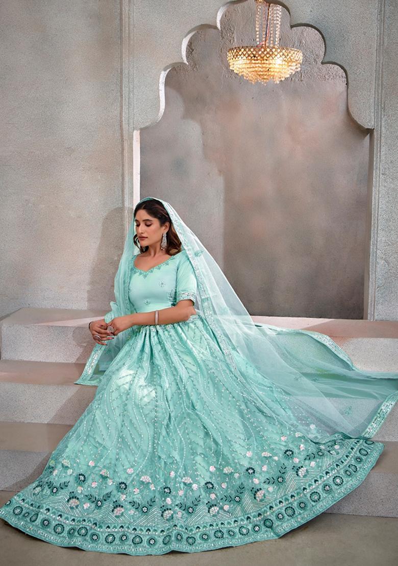 Sky Blue Sequin Thread Embroidered Butterfly Net Lehenga Set